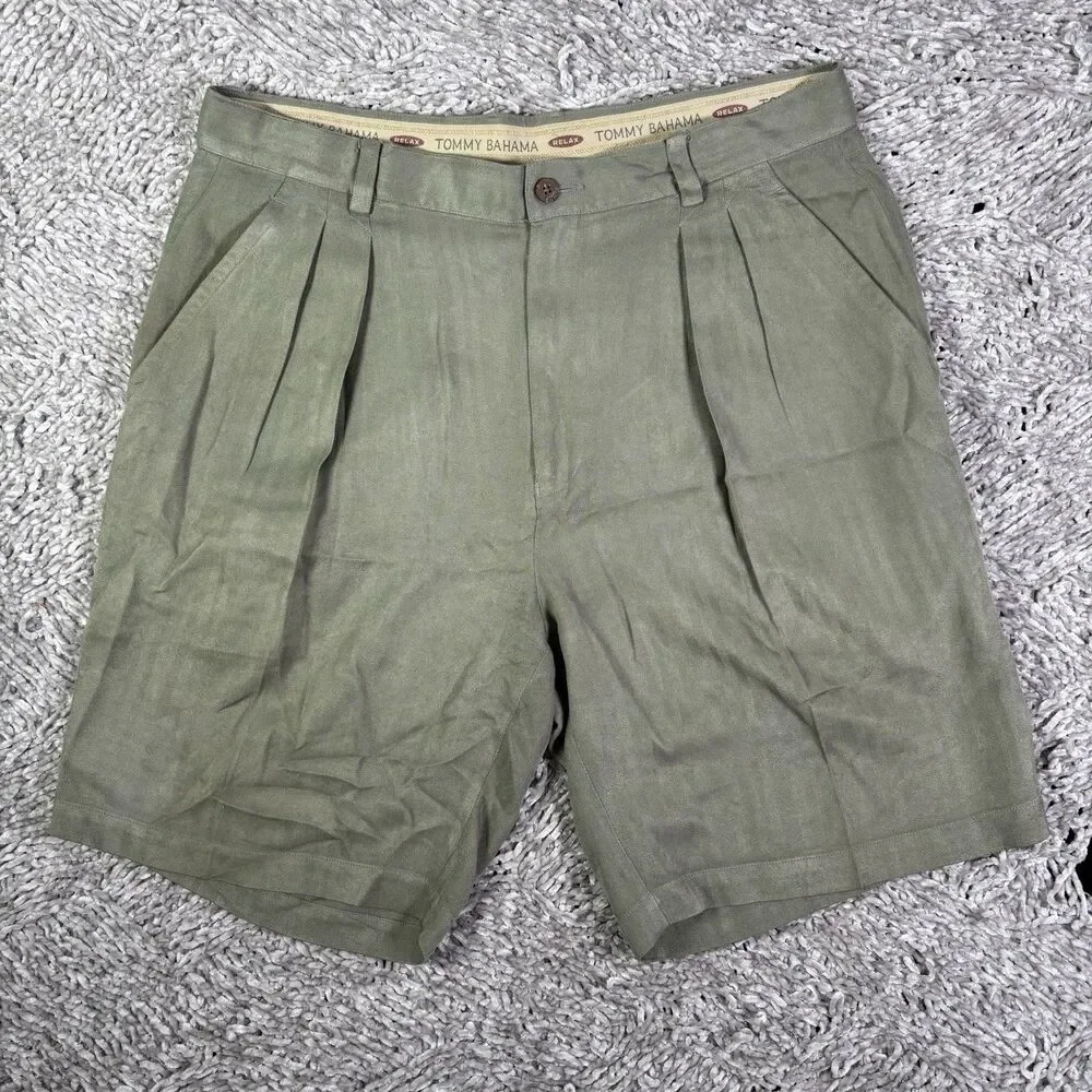Tommy Bahama Relax 100 Silk Shorts Mens 34 Green Golf Preppy Beach Summer Pleat